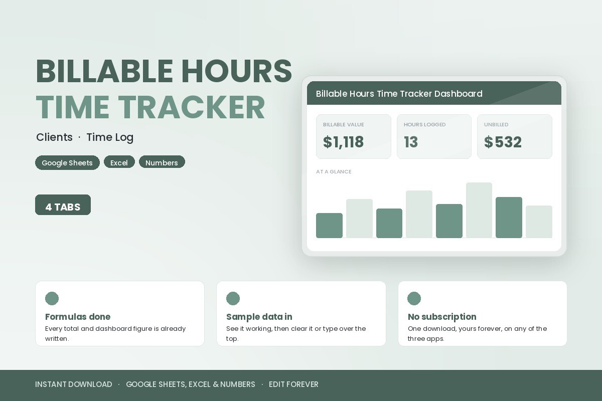 time tracker: Billable Hours Spreadsheet with Four Tabs original product preview