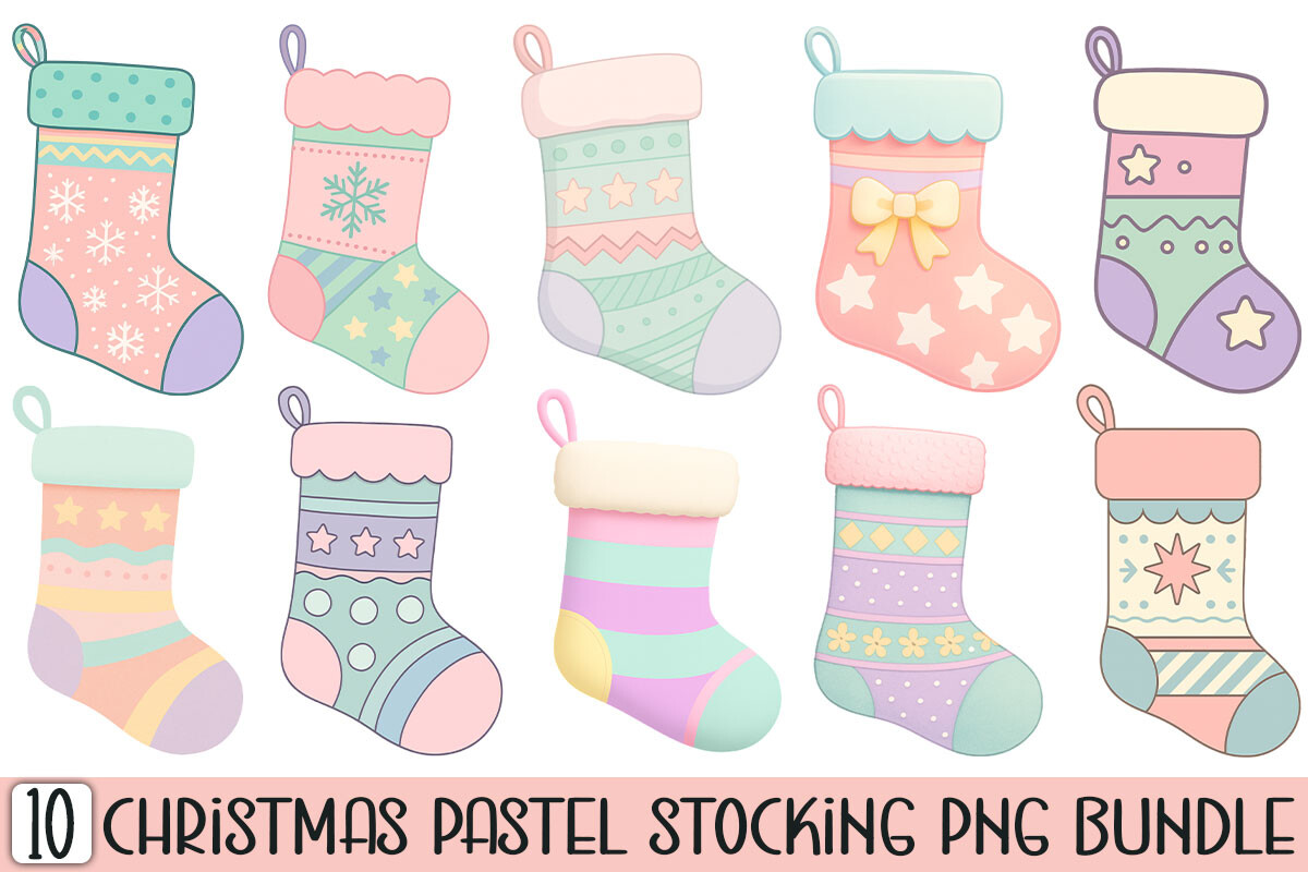 christmas stocking stickers: Ten Pastel Stocking PNGs original product preview