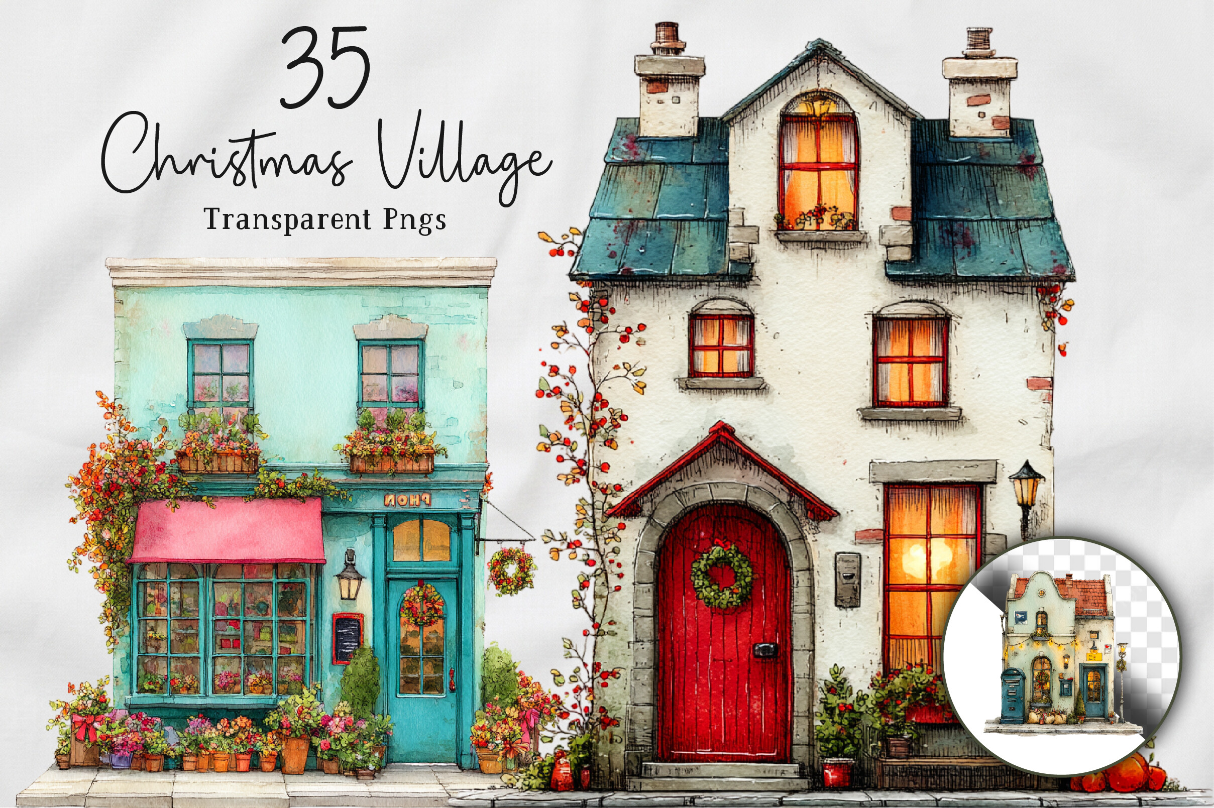 christmas village stickers: Watercolor Village PNG Bundle original product preview