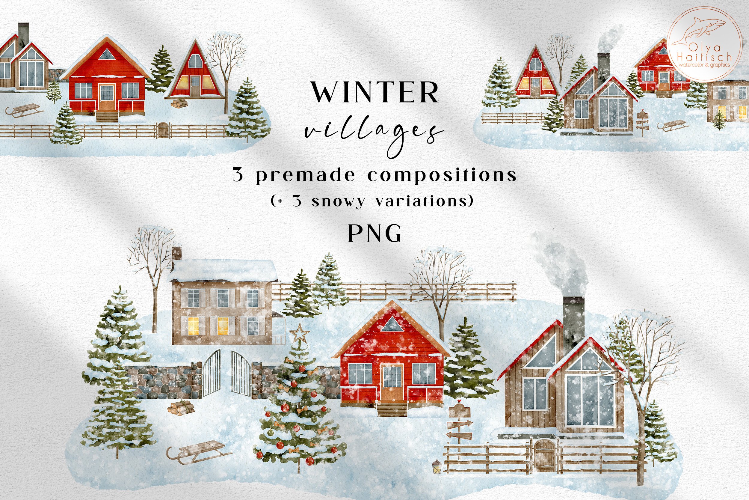 christmas village stickers: Winter Village Compositions with Snow Variants original product preview