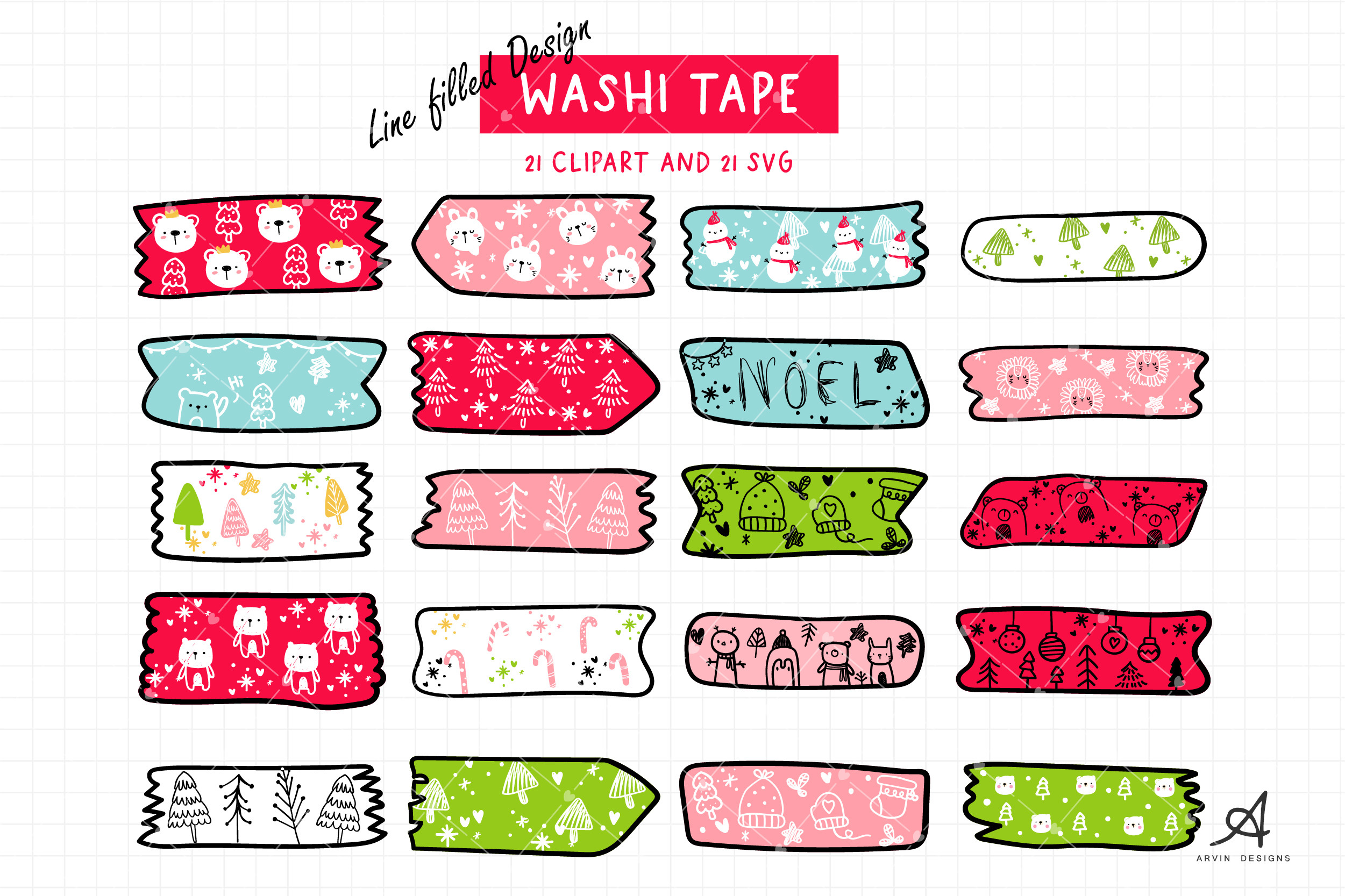 christmas washi tape: Twenty-One Christmas Tape PNG and SVG Designs original product preview