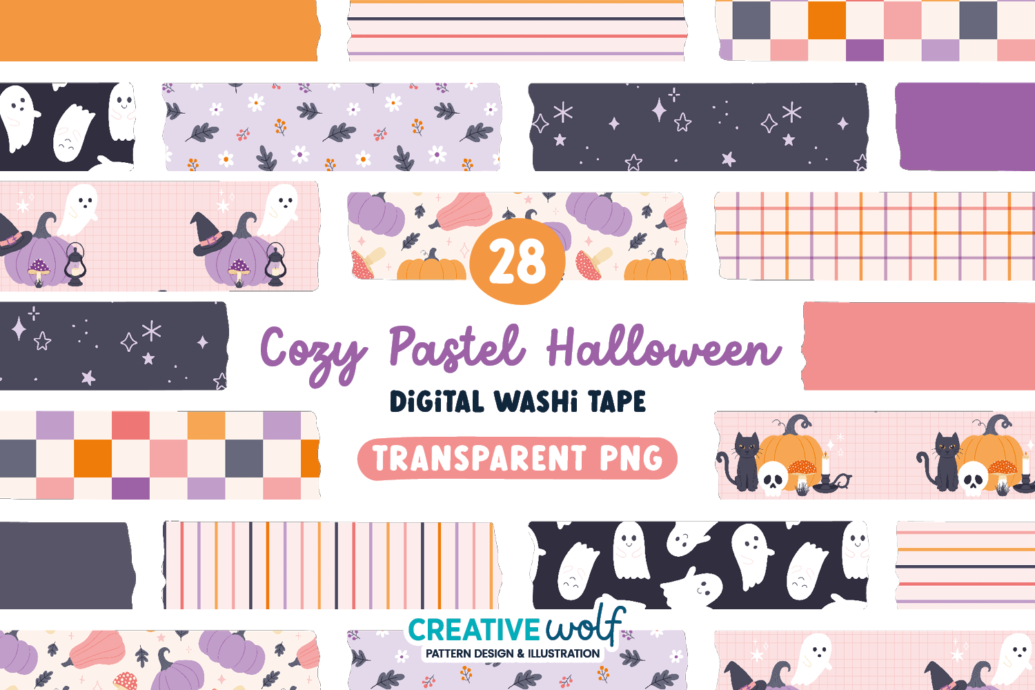 halloween washi tape: Cozy Pastel Ghosts, Cats and Gingham Borders original product preview