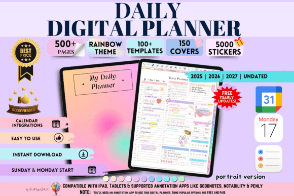 Portrait digital planner with 2026 2027 and undated layouts
