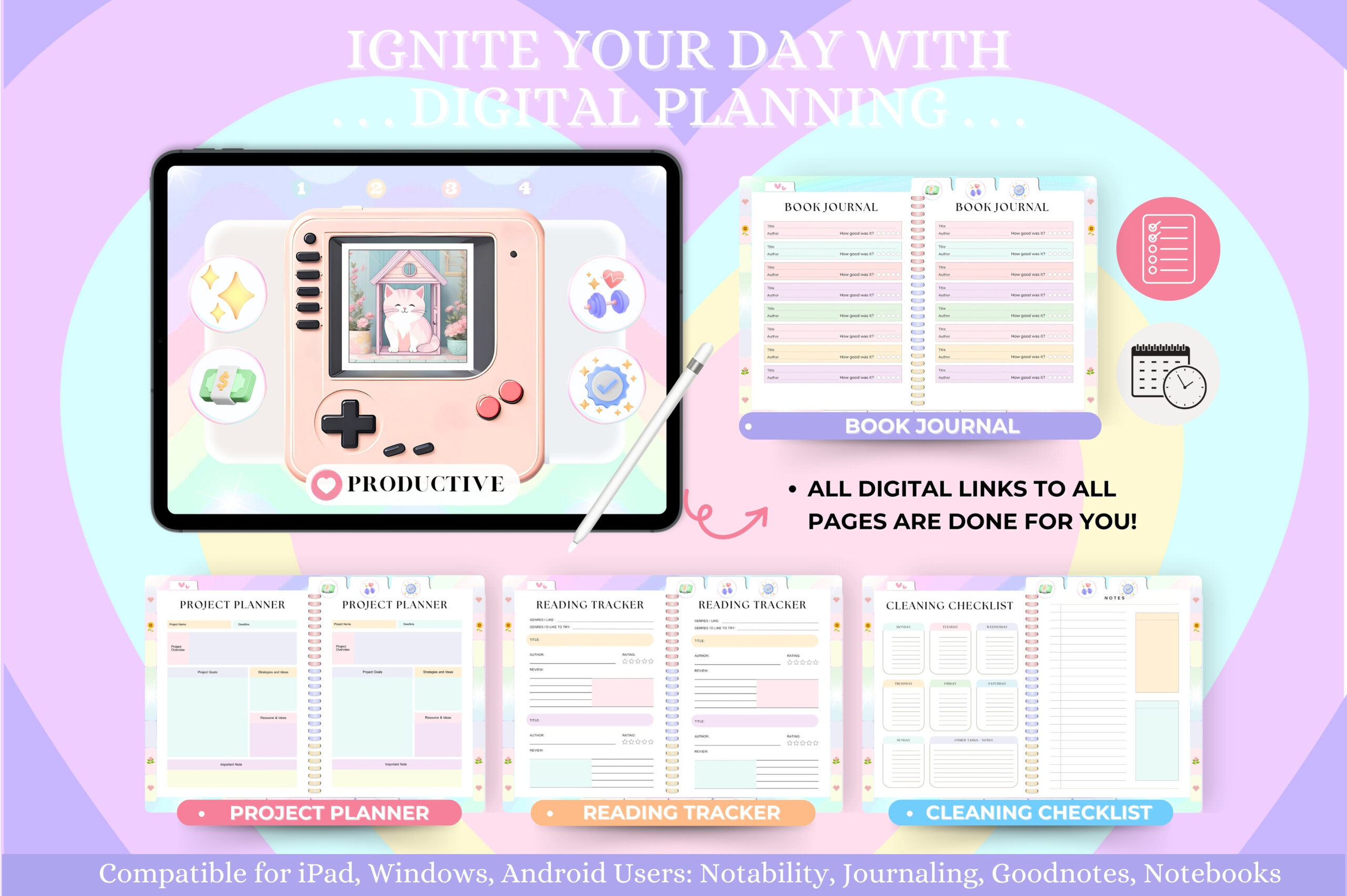 Hyperlinked undated digital planner for iPad and GoodNotes