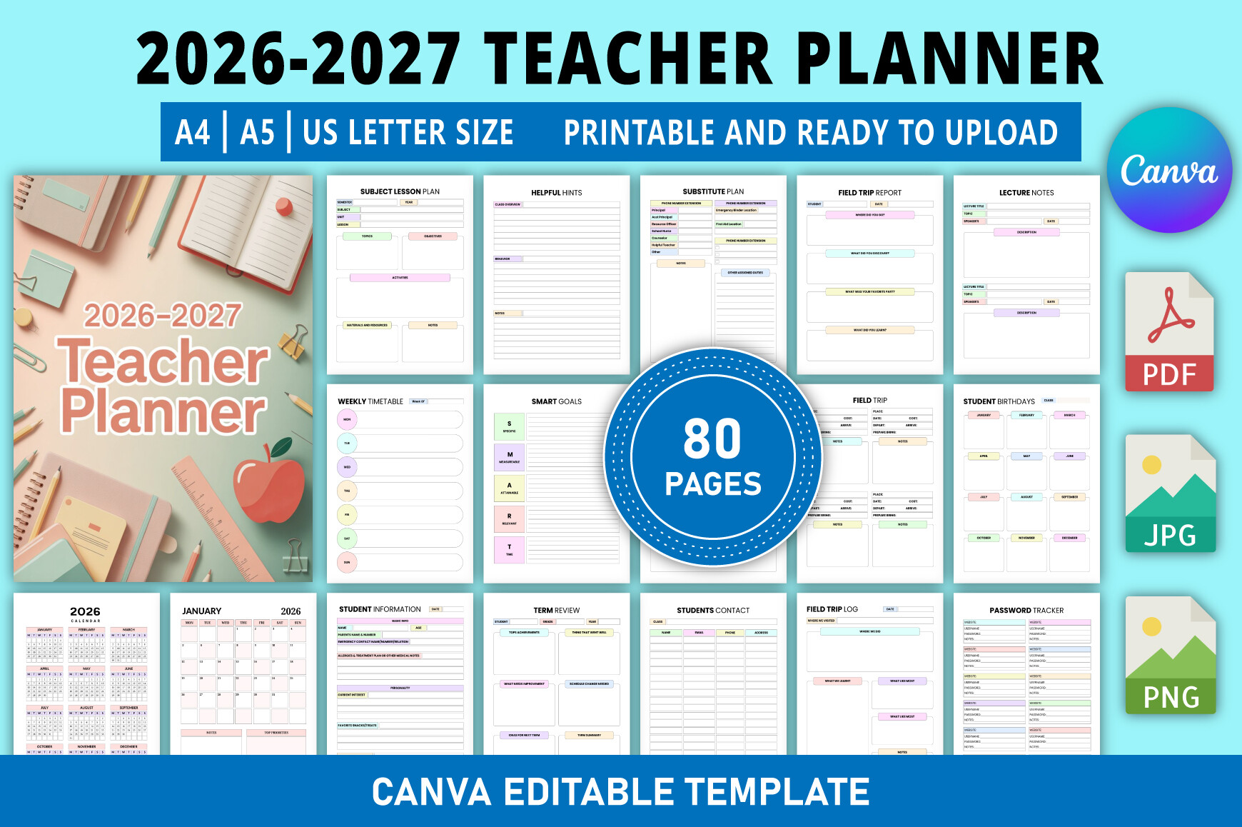 Teacher Gradebook Planner — Editable 2026–2027 Teacher Planner product preview