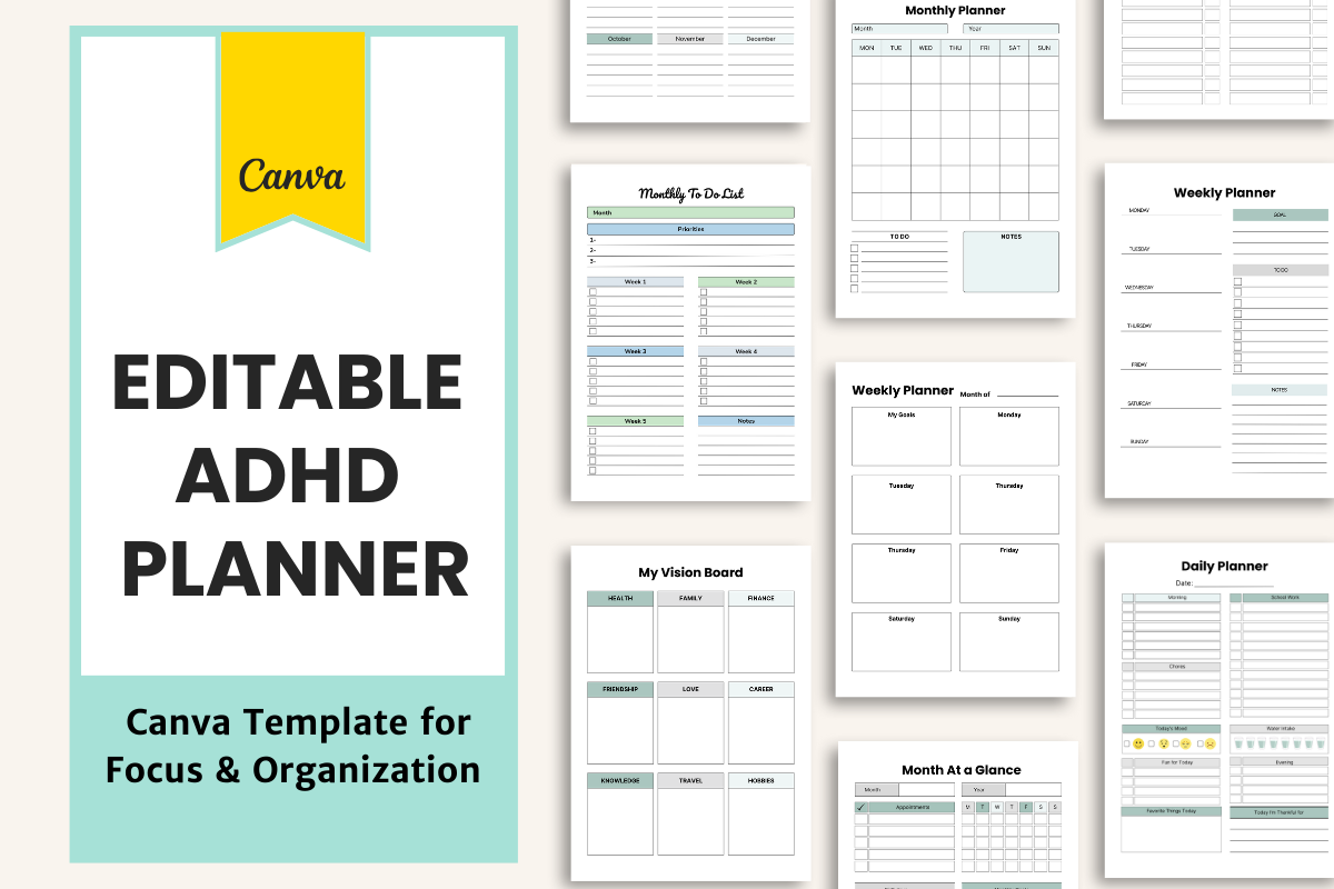 ADHD planner - Editable ADHD Planner Canva Templates