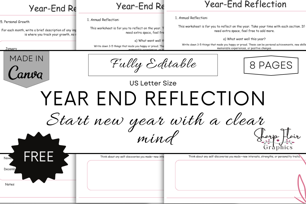 year in review journal: Eight Editable Annual Reflection Sheets with Nine Sections original product preview