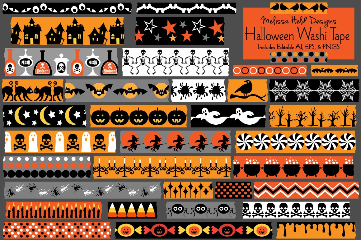 halloween washi tape: Thirty-Six Halloween Borders with Editable AI and EPS original product preview