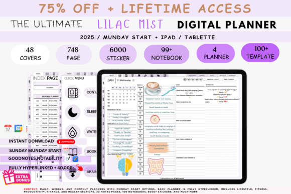 Lilac scheduled digital planner with reusable undated PDF