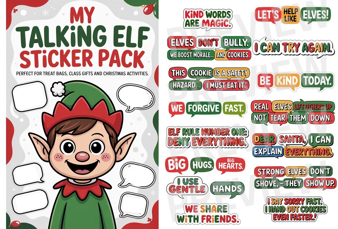 christmas elf stickers: Talking Elf Quote Stickers original product preview