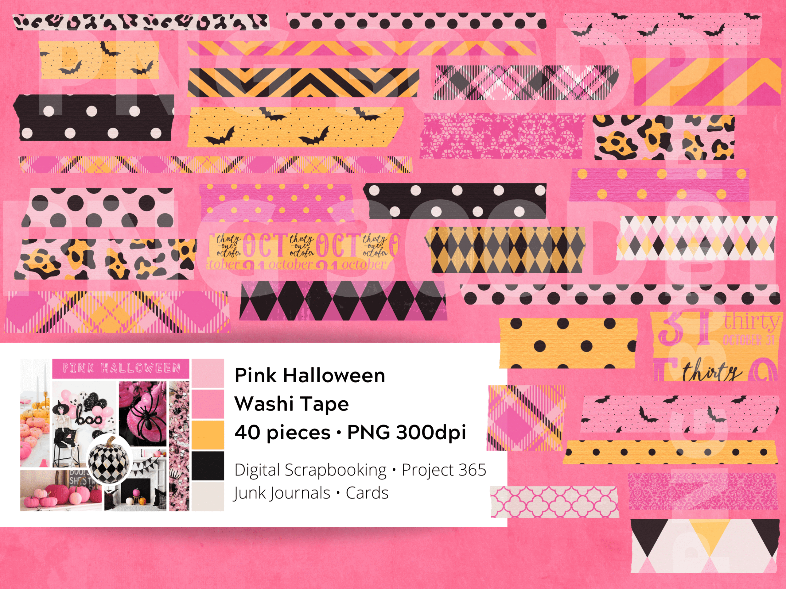 halloween washi tape: Forty Semi-Transparent Pink Halloween PNGs original product preview