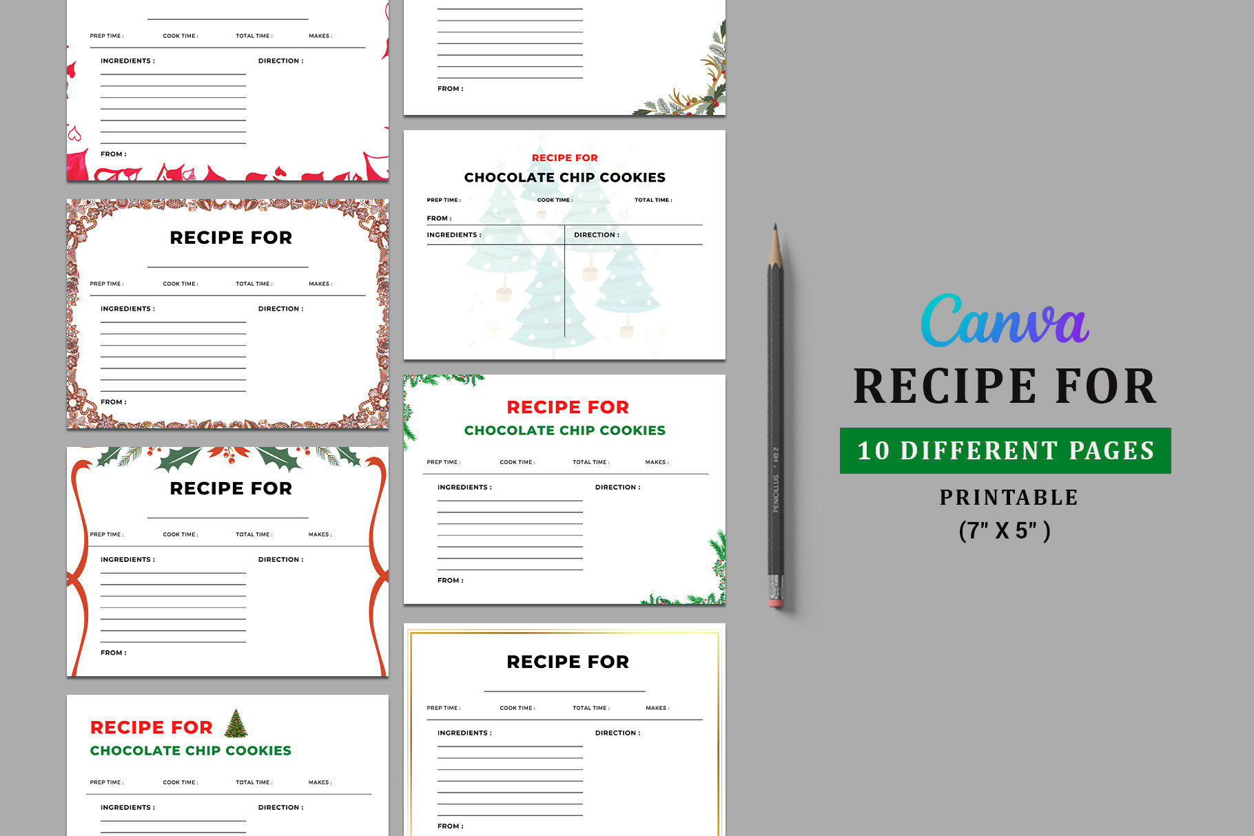 christmas recipe cards: Ten Non-Editable Floral Christmas Recipe Pages original product preview