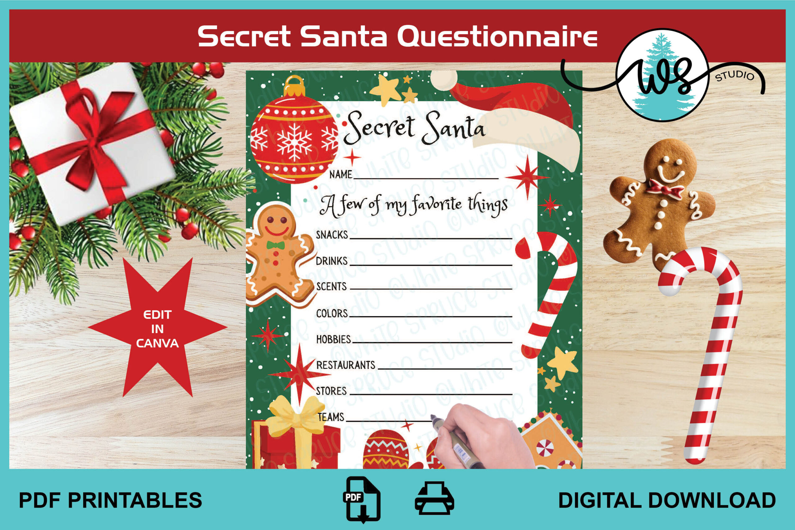 christmas wish list: Landscape Secret Santa Questionnaire with Canva Editing original product preview