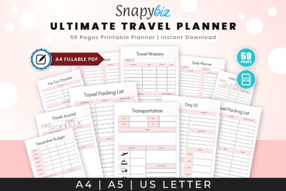 59 page travel planner with monthly and travel budget