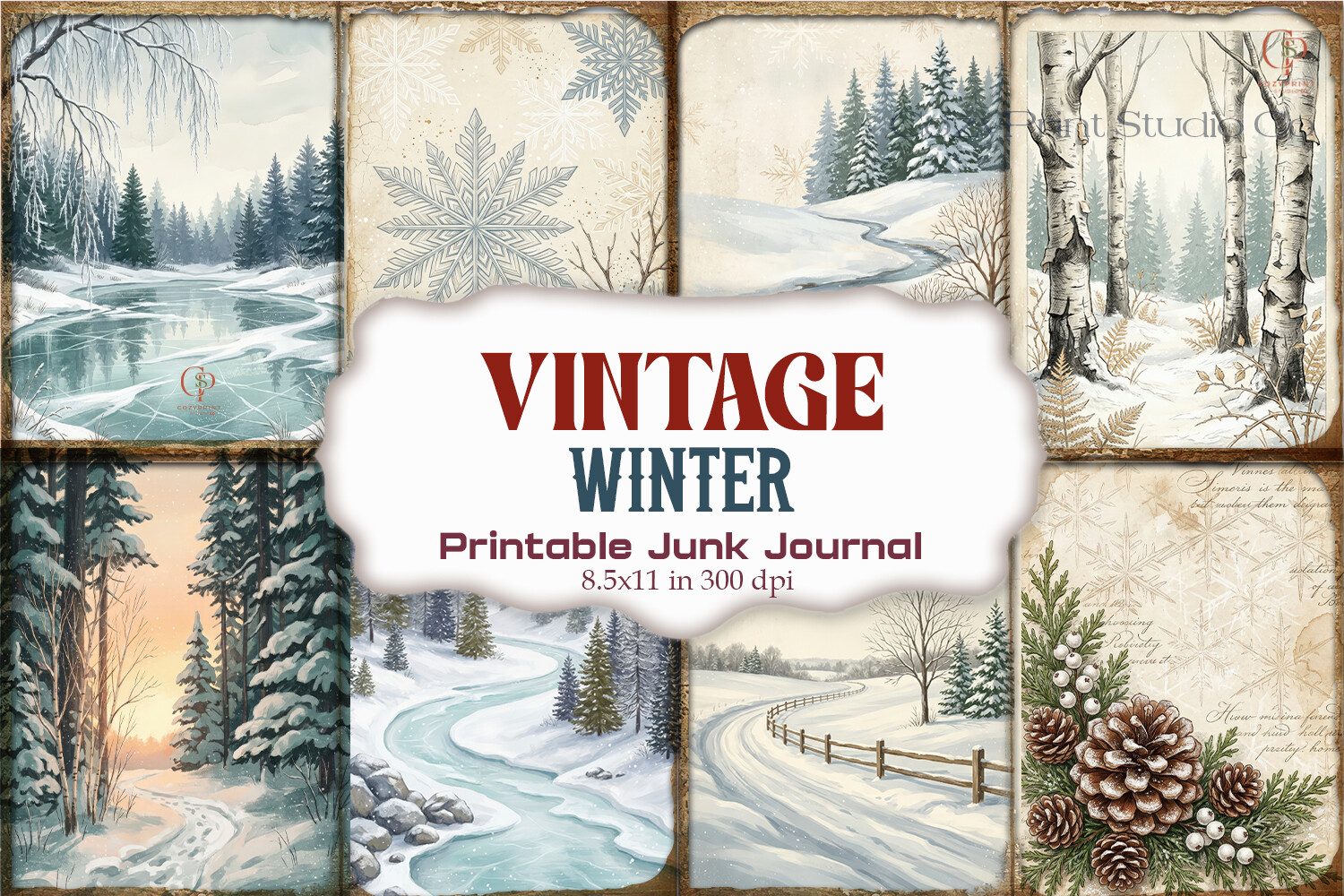 winter journal: Antique Snowy Collage Letter Sheets original product preview
