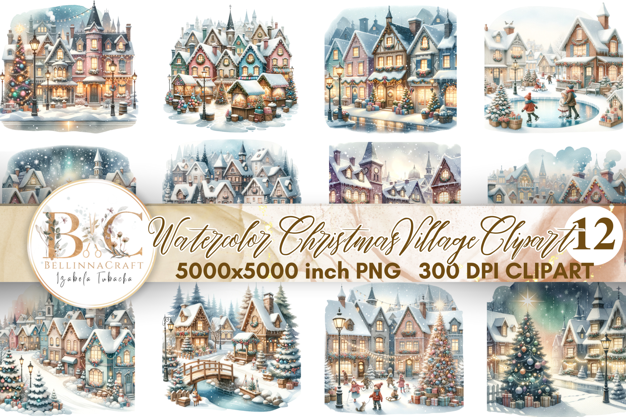 christmas village stickers: Large Watercolor Winter Town Illustrations original product preview