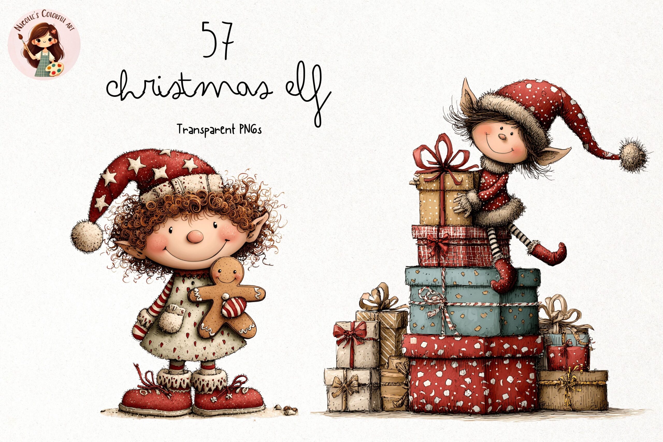 christmas elf stickers: 57 Storybook Elf Illustrations original product preview