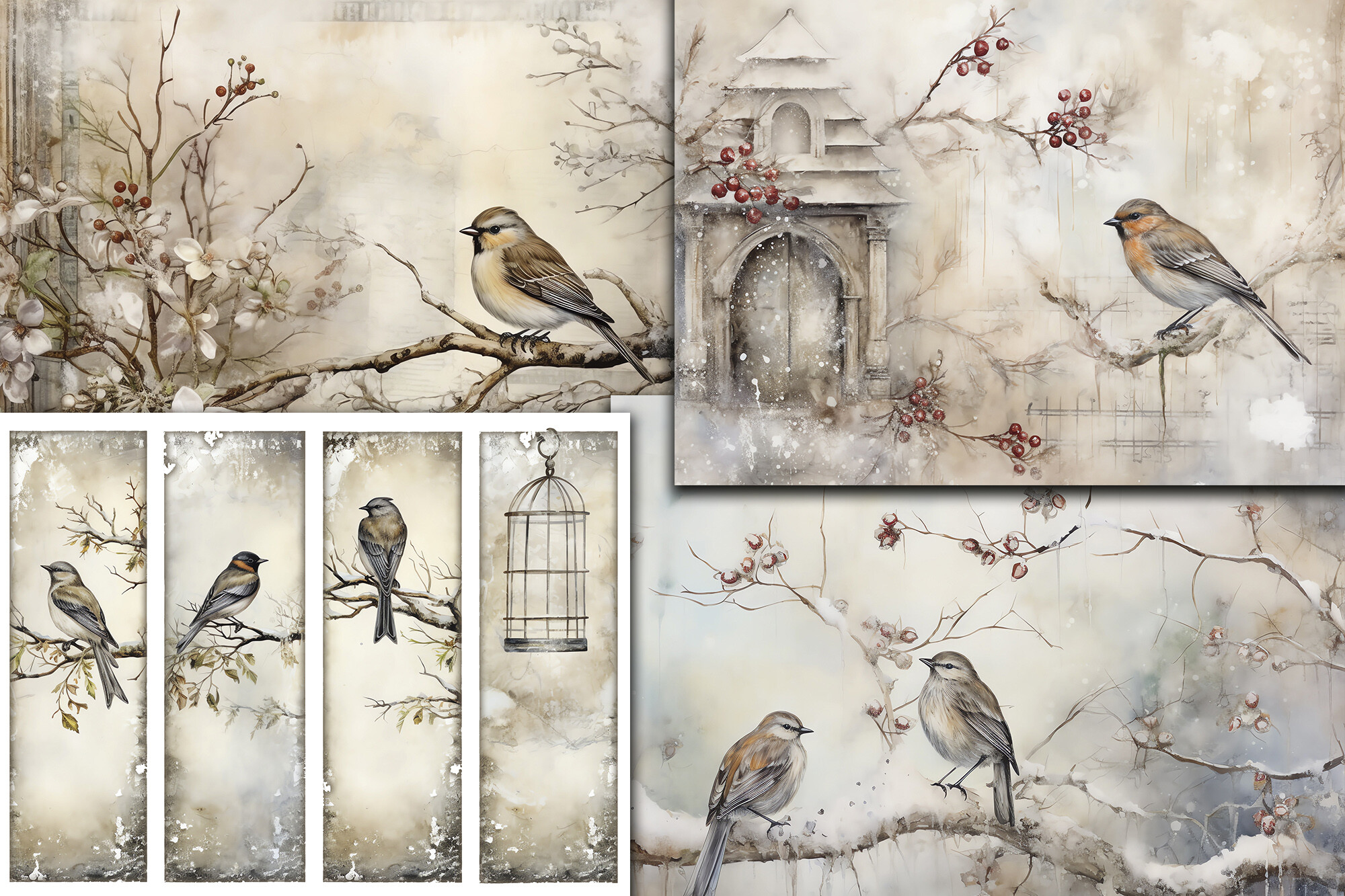 winter journal: Sepia Winter Bird Pages with Bookmarks original product preview