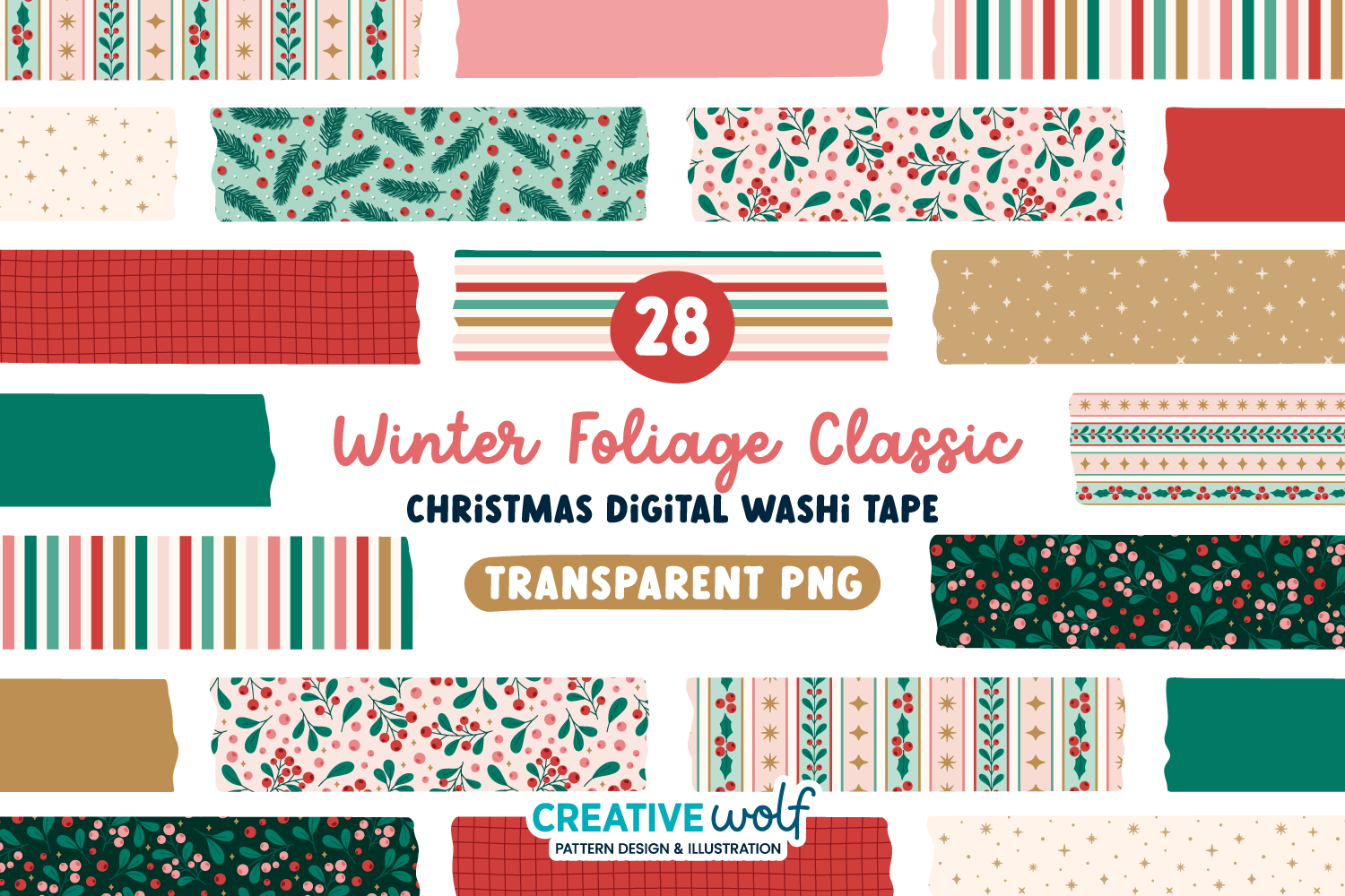 winter washi tape: Classic Winter Foliage in Red, Green and Pink original product preview