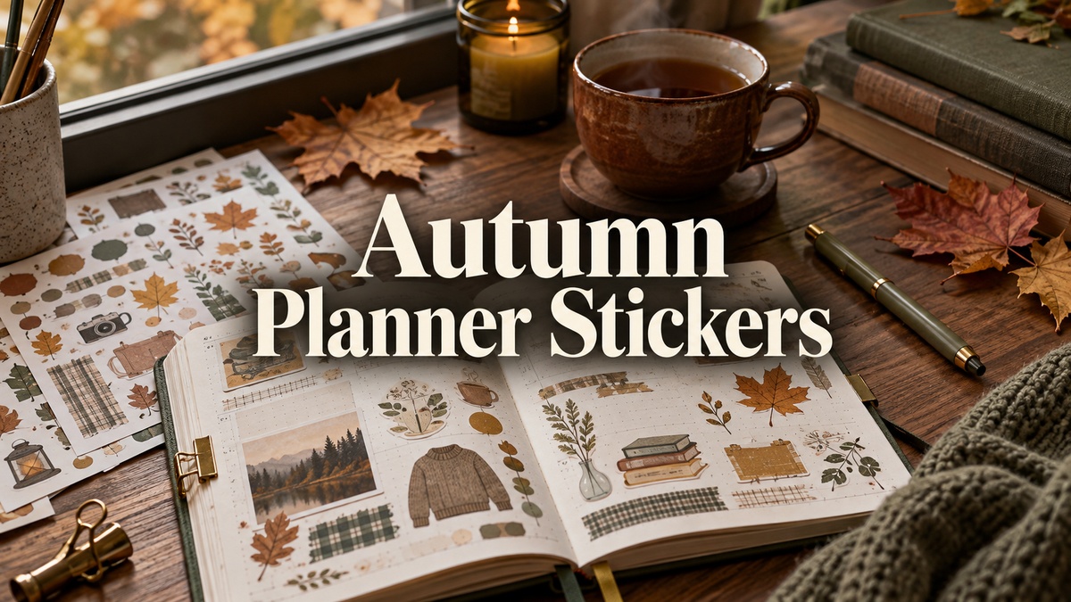 Autumn Planner Stickers on a realistic themed planning desk