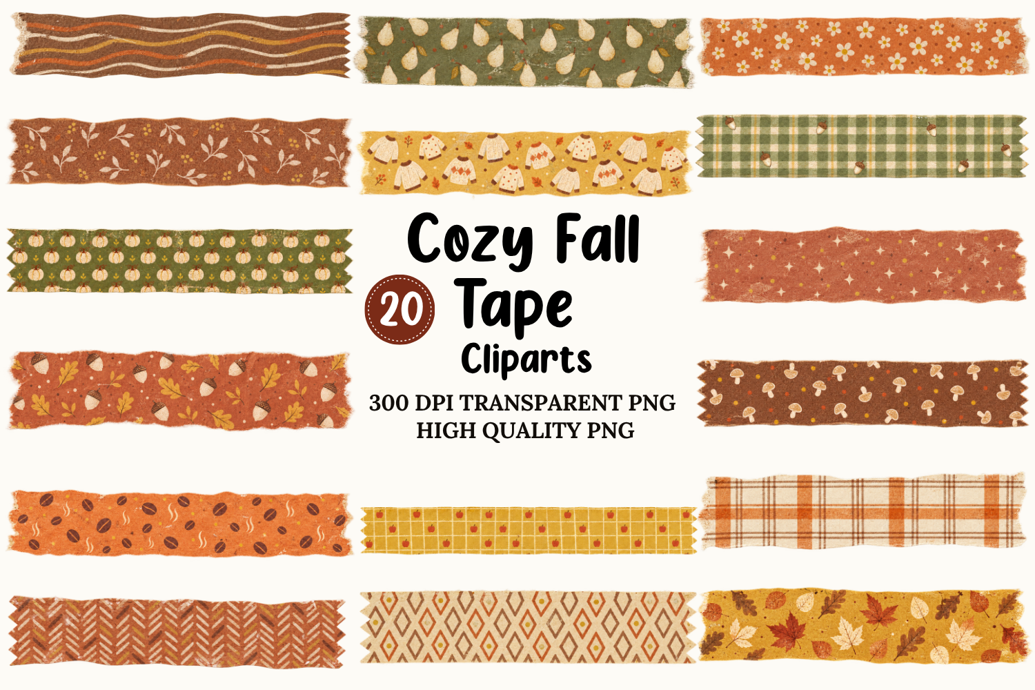 autumn washi tape: Cozy Fall PNG Tape with Pumpkins, Leaves and Plaid original product preview
