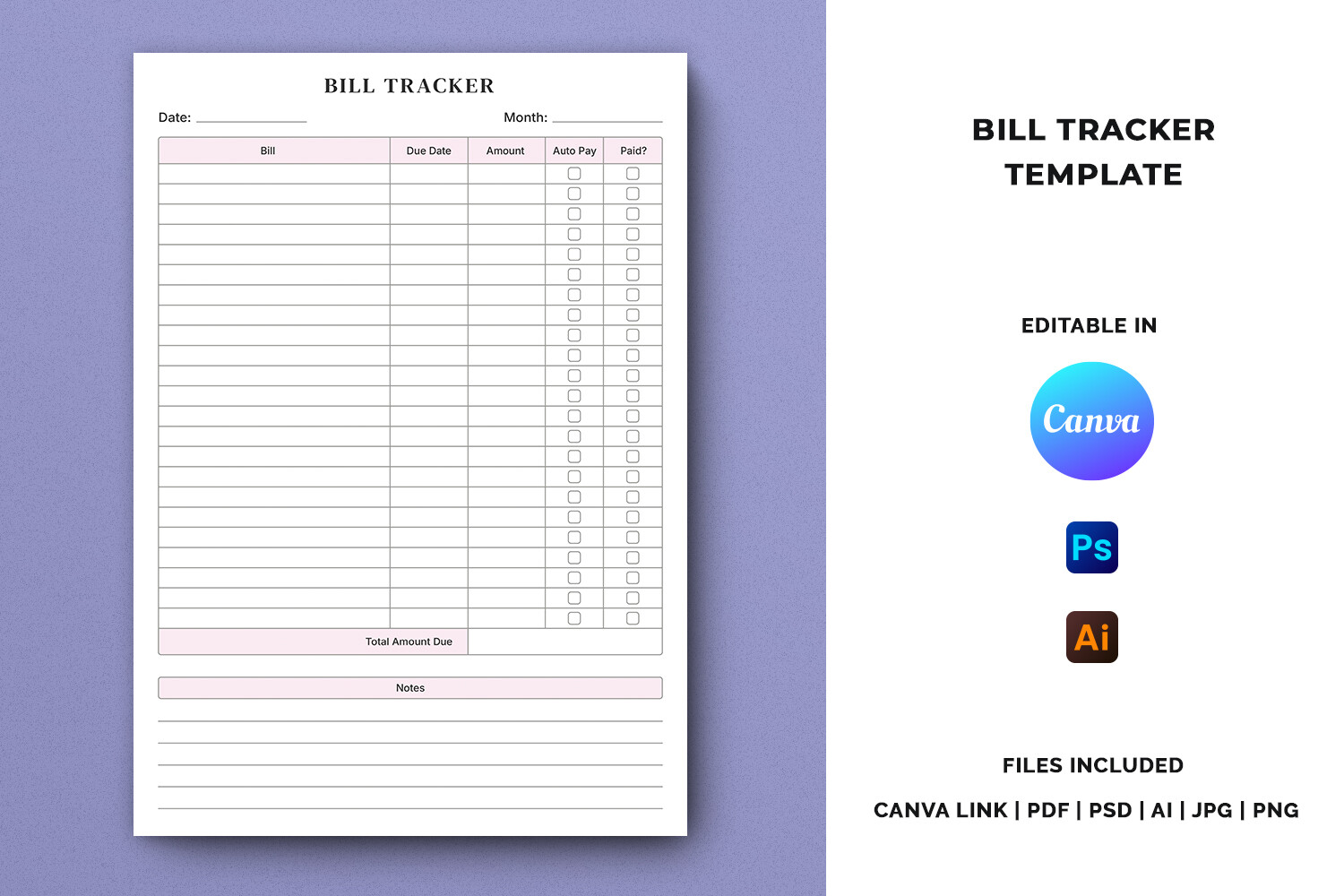 Bill Tracker Planner: Bill Tracker Template: Canva and Design Source Files