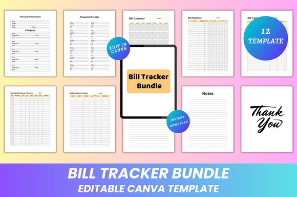 Bill Tracker Planner: Editable Bill Tracker Bundle: 12 Canva Pages