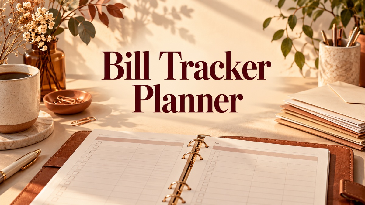 Bill Tracker Planner with realistic planner and themed desk accessories