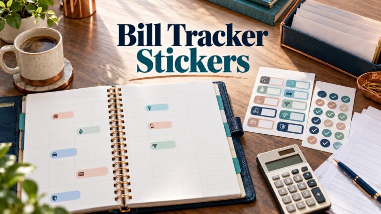 Bill Tracker Stickers with realistic planner and themed supplies