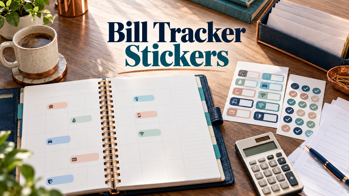 Bill Tracker Stickers with realistic planner and themed supplies
