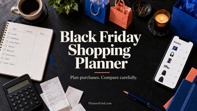 Black Friday Shopping Planner with realistic planners and themed accessories