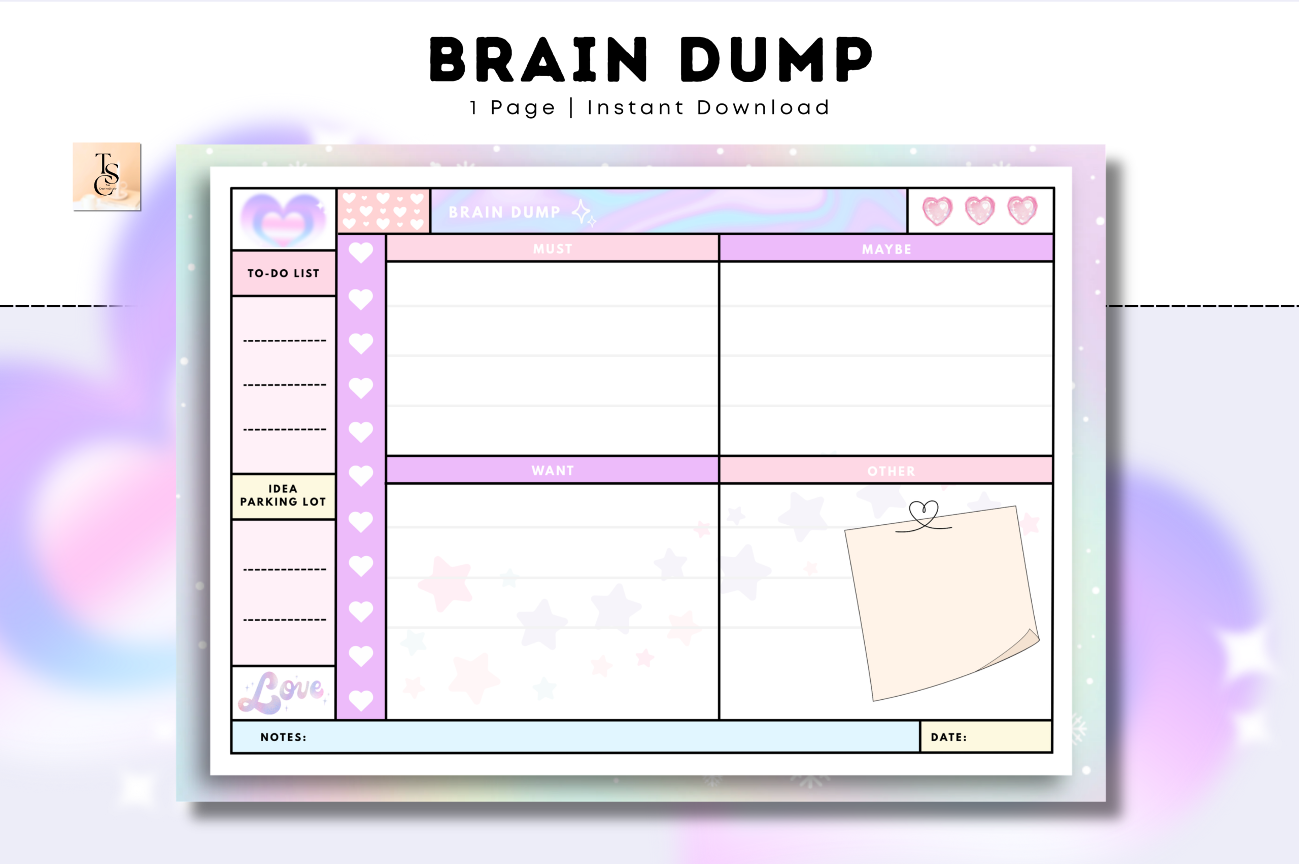 Brain Dump Planner: Cozy Pastel A4 Landscape Brain Dump Sheet original product preview