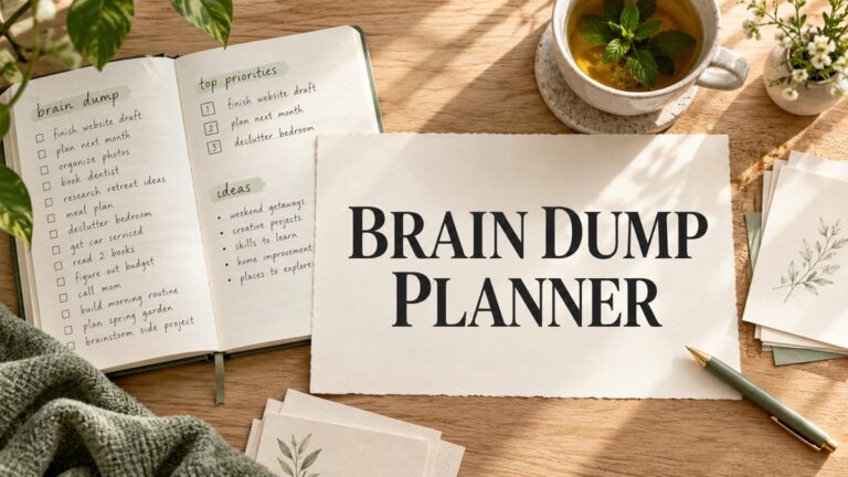 Brain Dump Planner with idea lists, notes and a sage pen