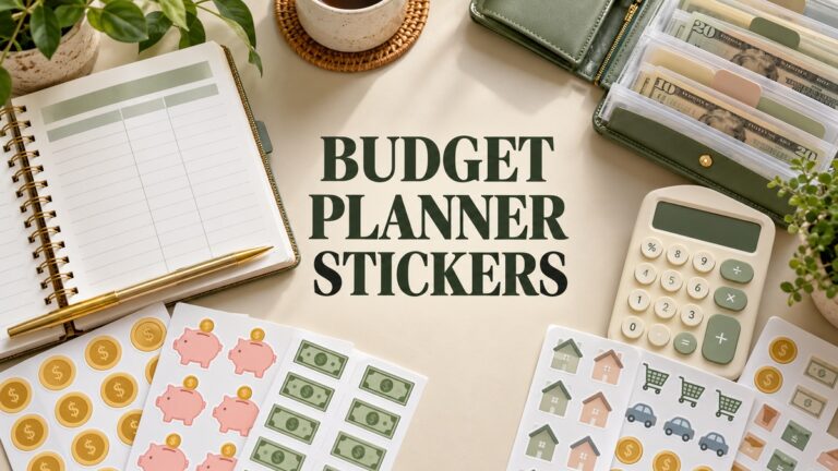 Budget Planner Stickers on a realistic themed planning workspace
