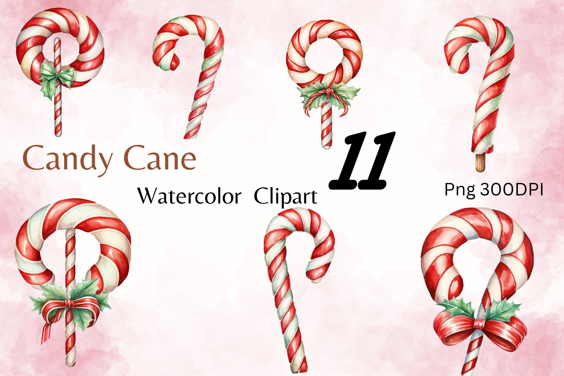Candy Cane Stickers: Eleven Watercolor PNGs with Separate Cane Illustrations original product preview