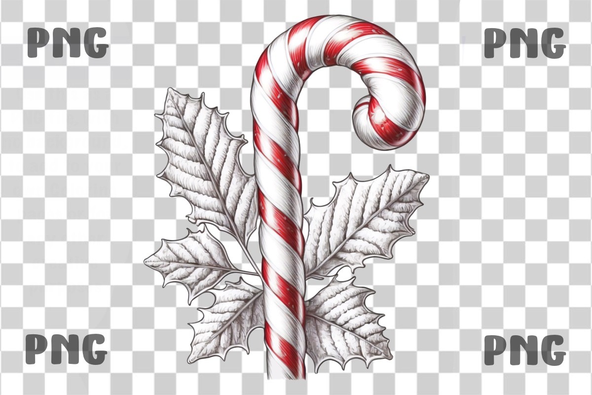 Candy Cane Stickers: A Red Cane with Monochrome Holly in a Transparent PNG original product preview