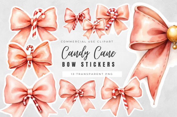Candy Cane Stickers: Red-and-Cream Bow PNGs with Candy Cane Details original product preview