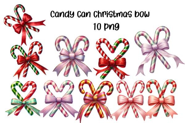 Candy Cane Stickers: Ten Bow-Tied Candy Cane PNGs in Several Colors original product preview