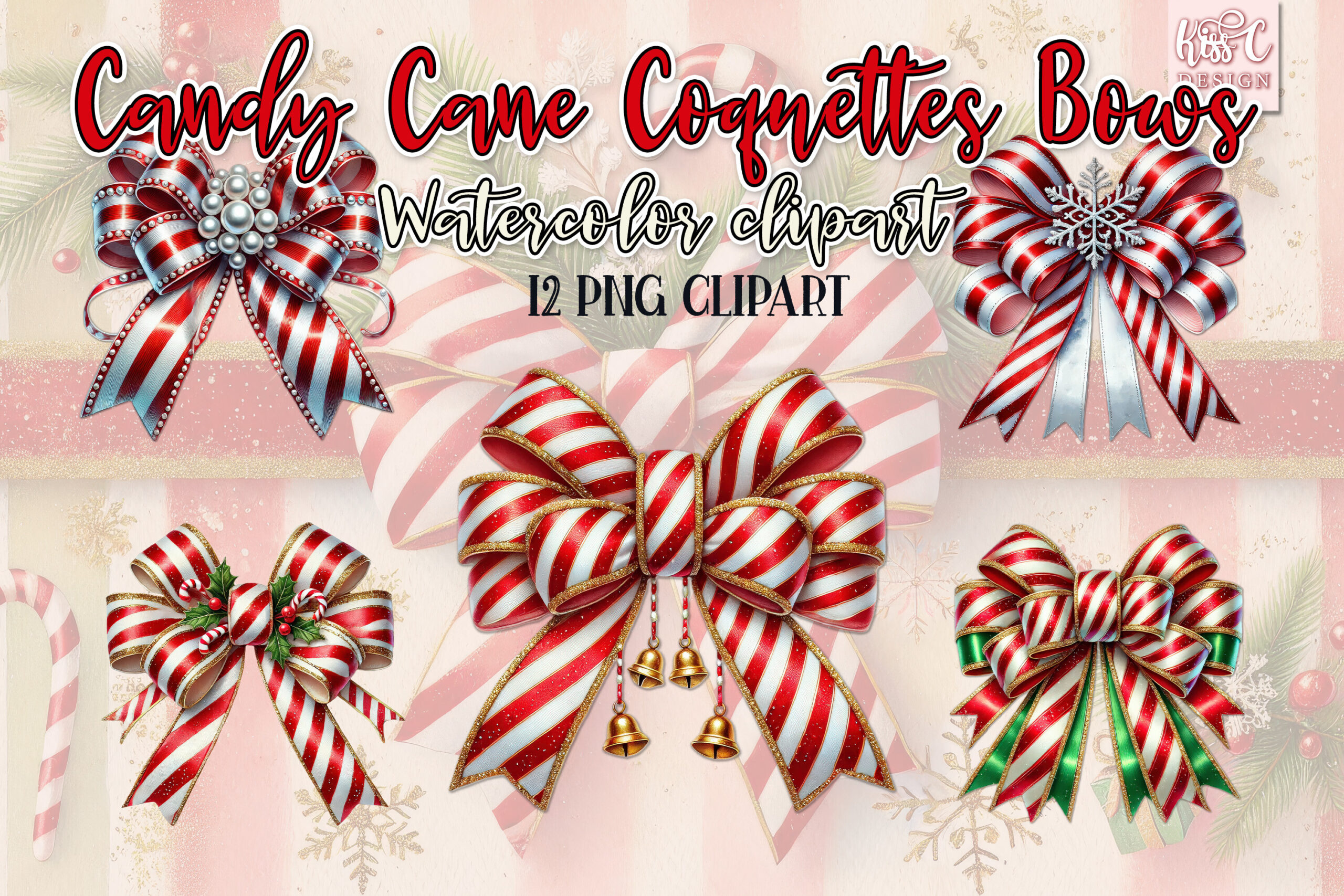 Candy Cane Stickers: Twelve Striped Bow Elements with Decorative Highlights original product preview