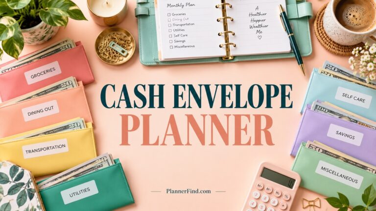 Cash Envelope Planner with realistic planners and themed objects