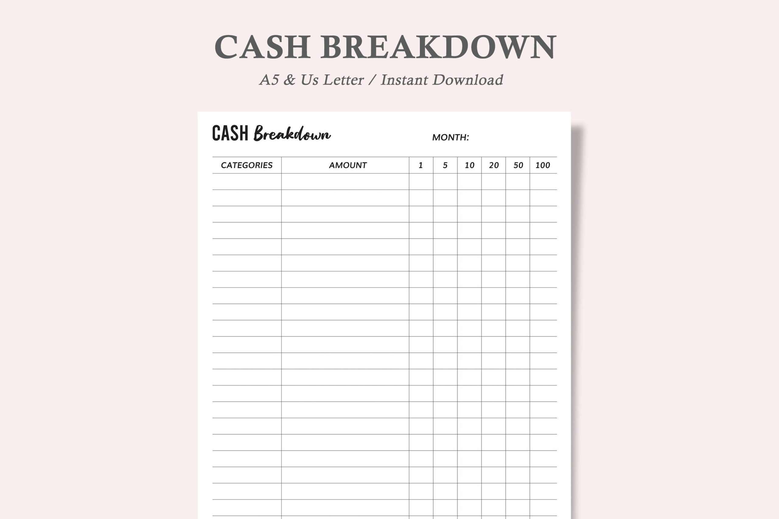 Cash Envelope Planner — Cash Denomination Breakdown by watercolortheme