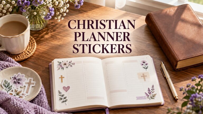 christian planner stickers with realistic planner and thematic stationery