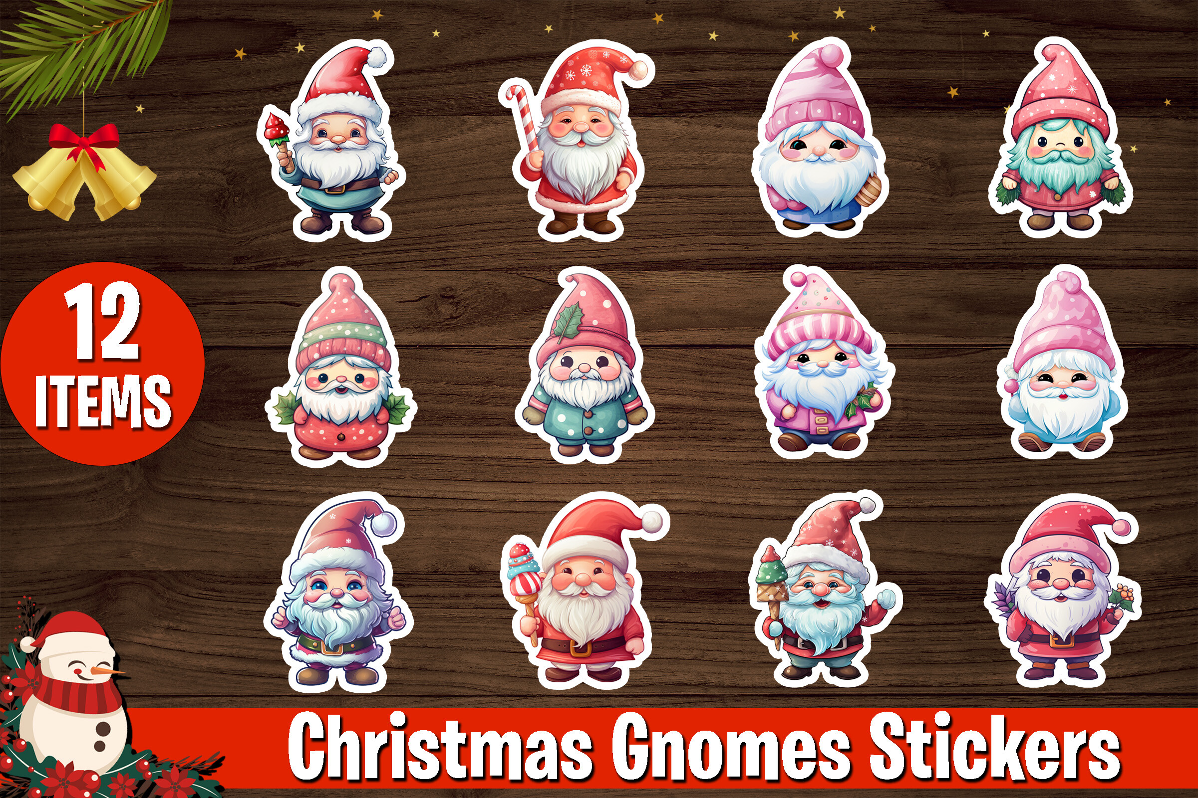 Christmas Gnome Stickers: Twelve Colorful Gnome PNGs with White Sticker Borders original product preview
