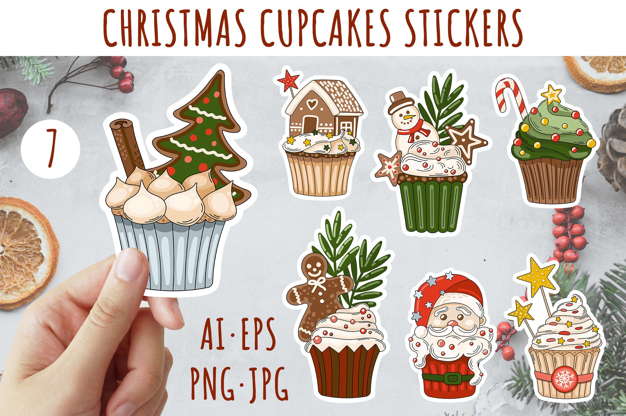 Christmas Baking Stickers: Seven Illustrated Cupcakes with Sheet and Vector Files original product preview