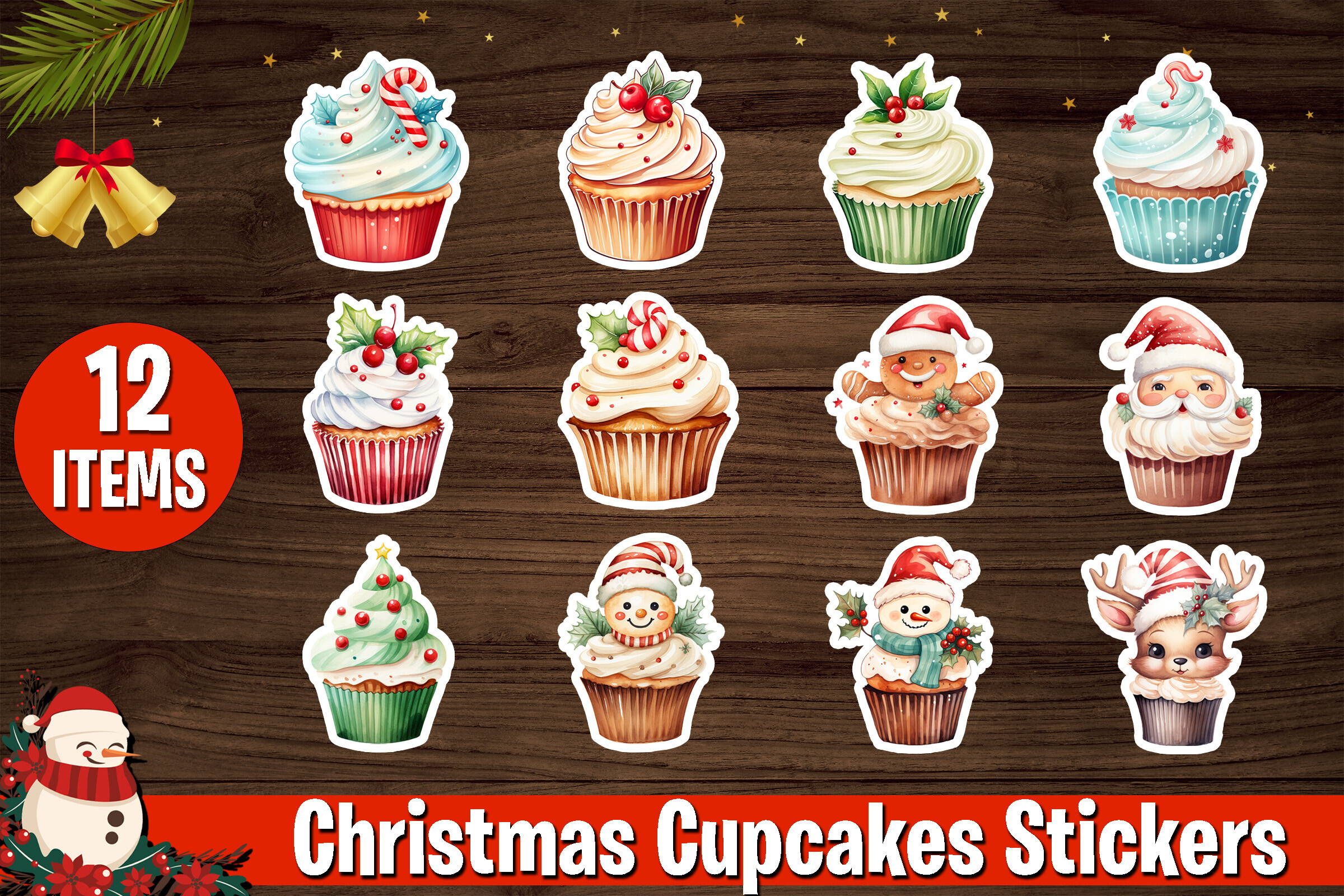 Christmas Baking Stickers: Twelve Detailed Cupcake PNG Illustrations original product preview