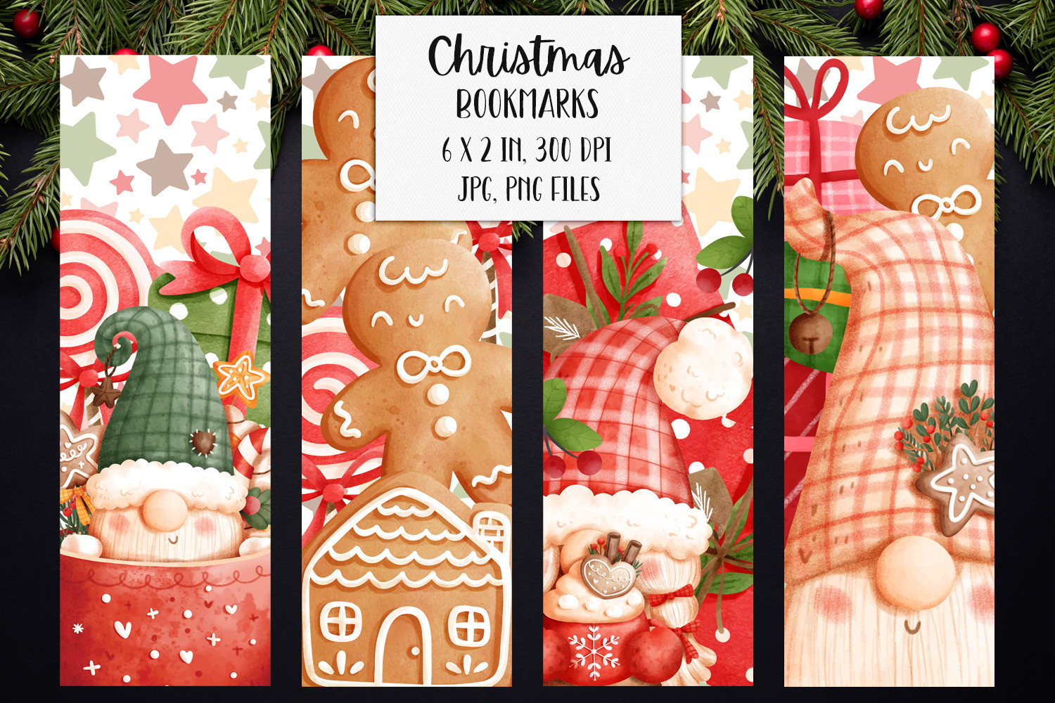 Christmas Bookmarks: Four Colorful Festive Bookmarks in PNG and JPG original product preview