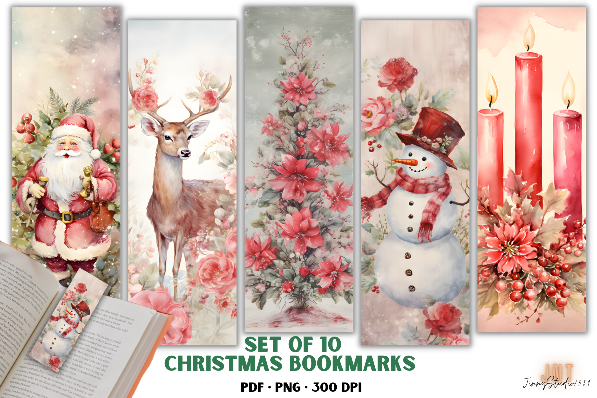 Christmas Bookmarks: Ten Watercolor Bookmarks with Red Floral Accents original product preview