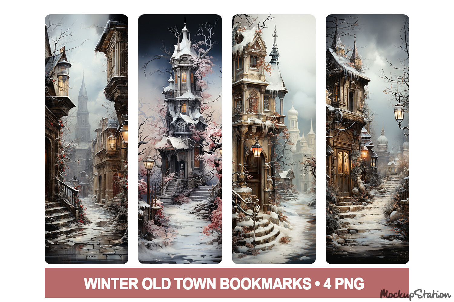 Christmas Bookmarks: Four Snowy Old-Town Fantasy Bookmarks original product preview