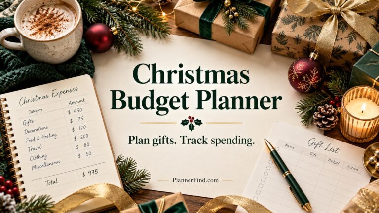 Christmas budget planner with gift list and holiday expense sheets