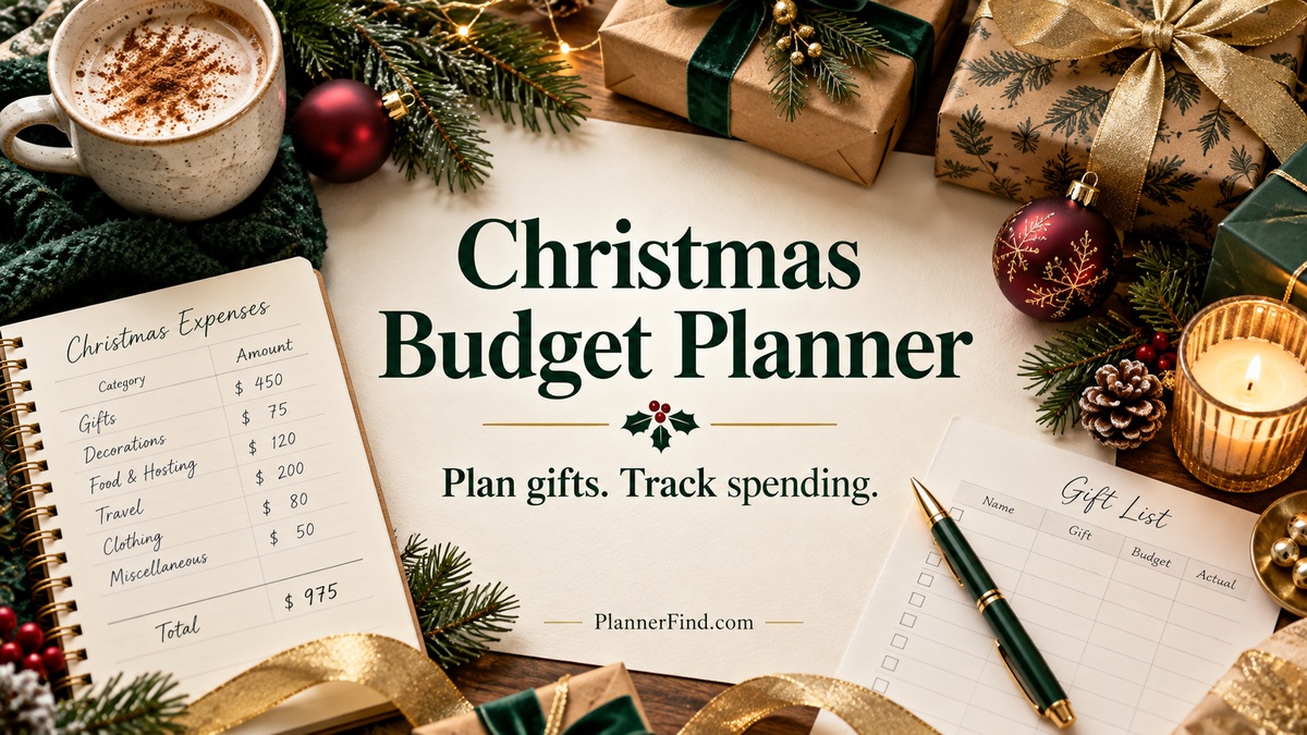 Christmas budget planner with gift list and holiday expense sheets